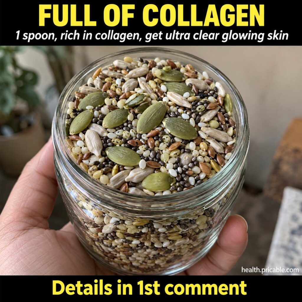 A close-up shot of a wooden spoon filled with a mixed blend of small seeds chia flax hemp against a blurred background o