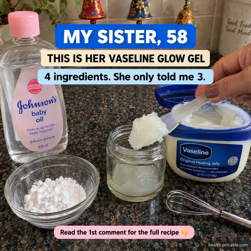 A clear glass jar filled with a translucent slightly yellowish glow gel with tubes of Vaseline a small bottle of almond