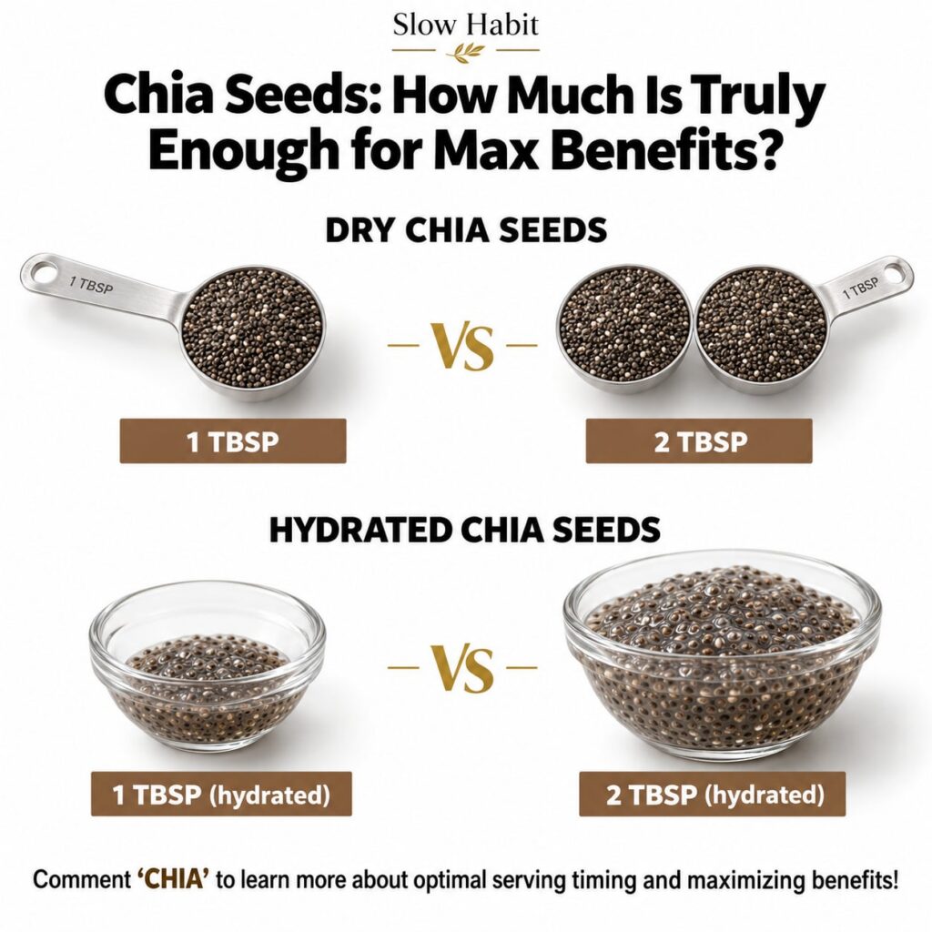 A side-by-side comparison showing 1 tablespoon of dry chia seeds next to 1 tablespoon of hydrated chia seeds gel-like an