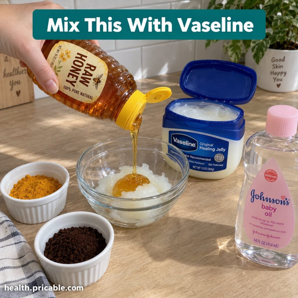 A small glass bowl containing a creamy golden mixture of Vaseline honey and olive oil with a small spoon beside it ready