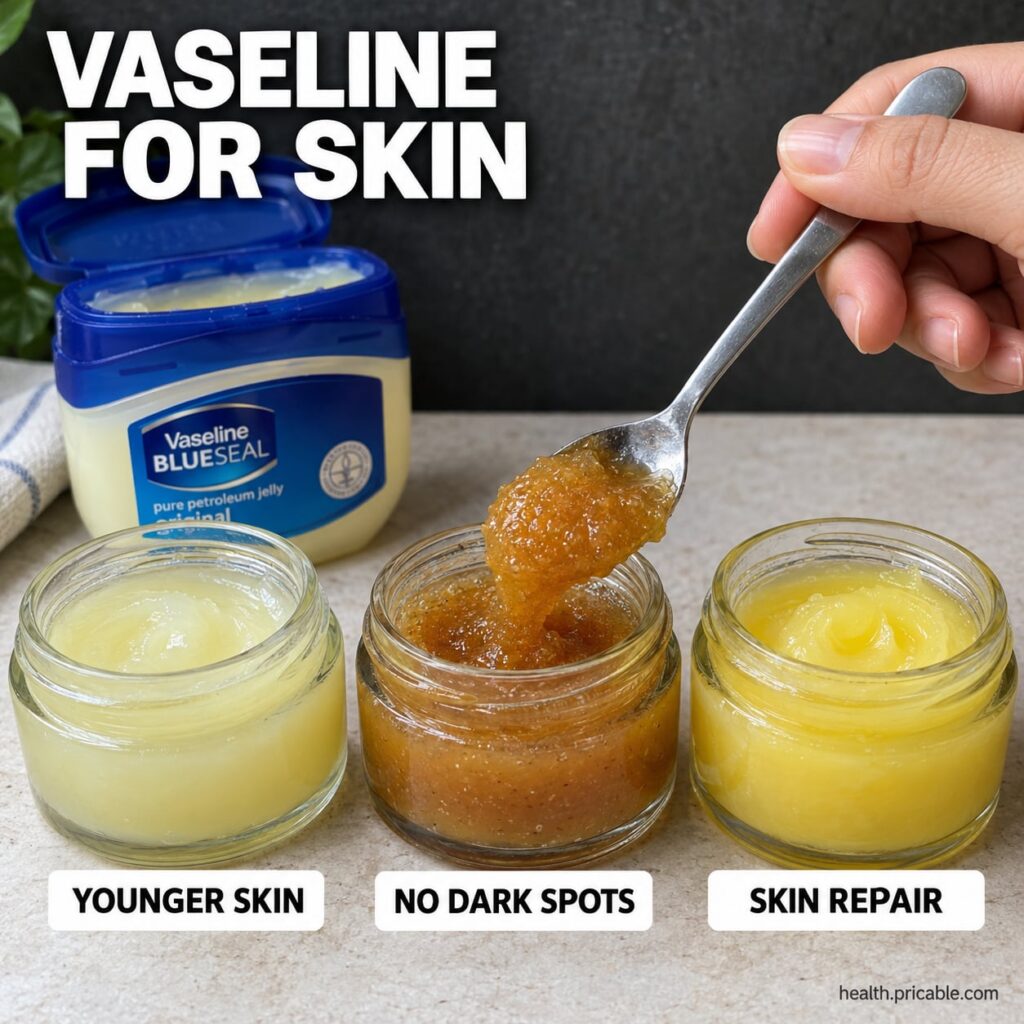 A jar of Vaseline petroleum jelly surrounded by natural beauty ingredients like almond oil vitamin E capsules and a smal