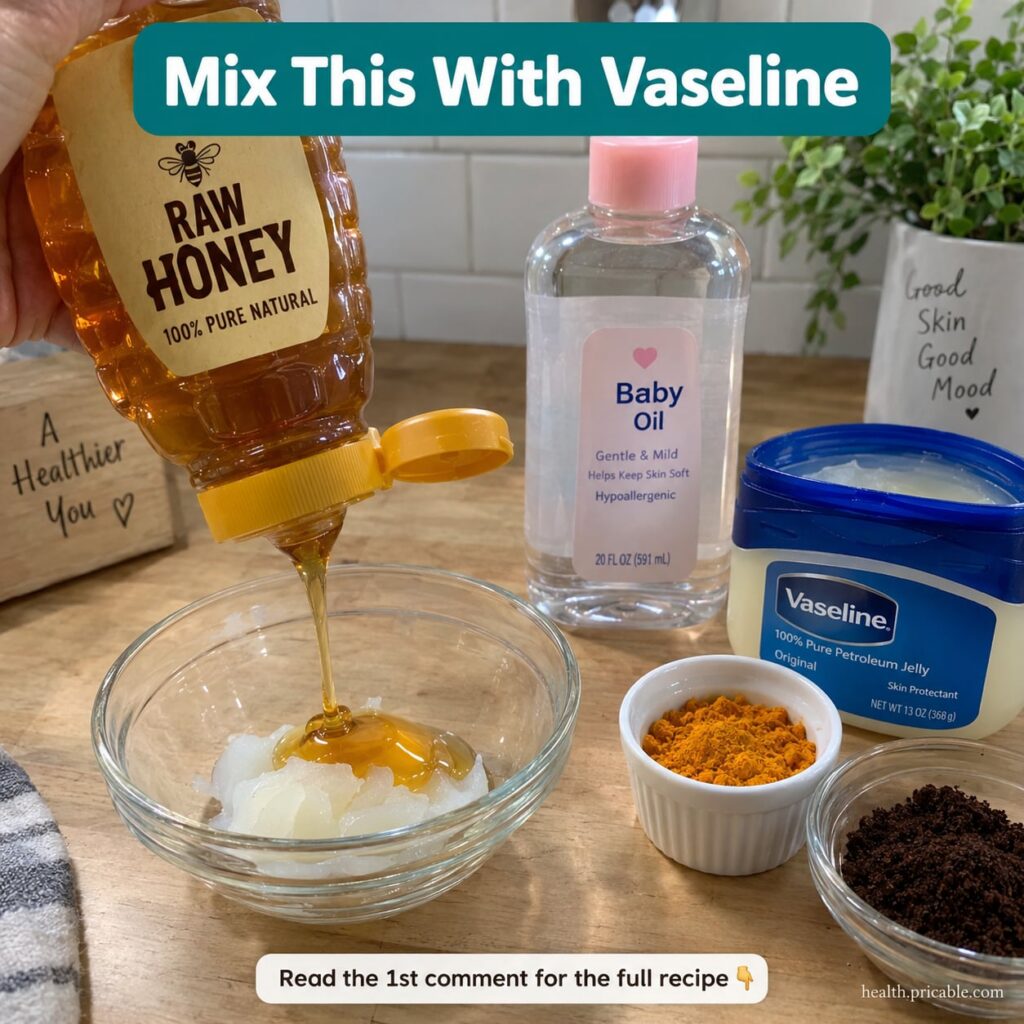 A close-up shot of a small bowl containing a creamy light yellow DIY face mask mixture made from Vaseline honey and baby