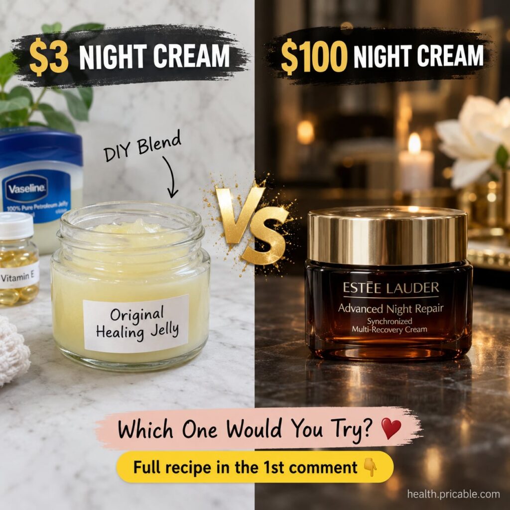 A small jar of homemade Vaseline and Vitamin E cream with tubes of Vaseline and Vitamin E capsules in the background on 