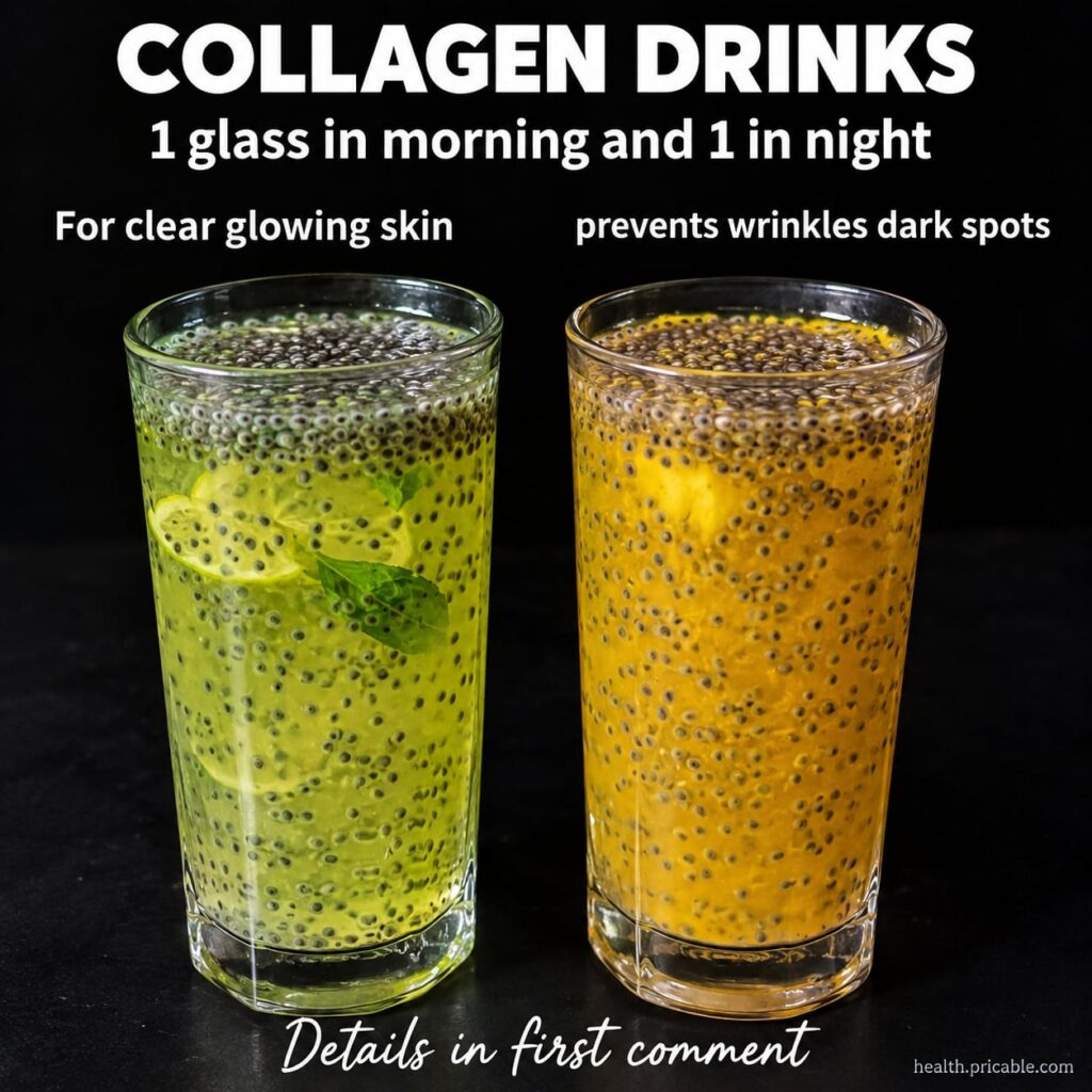 A refreshing glass of berry collagen drink with ice and fresh berries in a bright kitchen setting