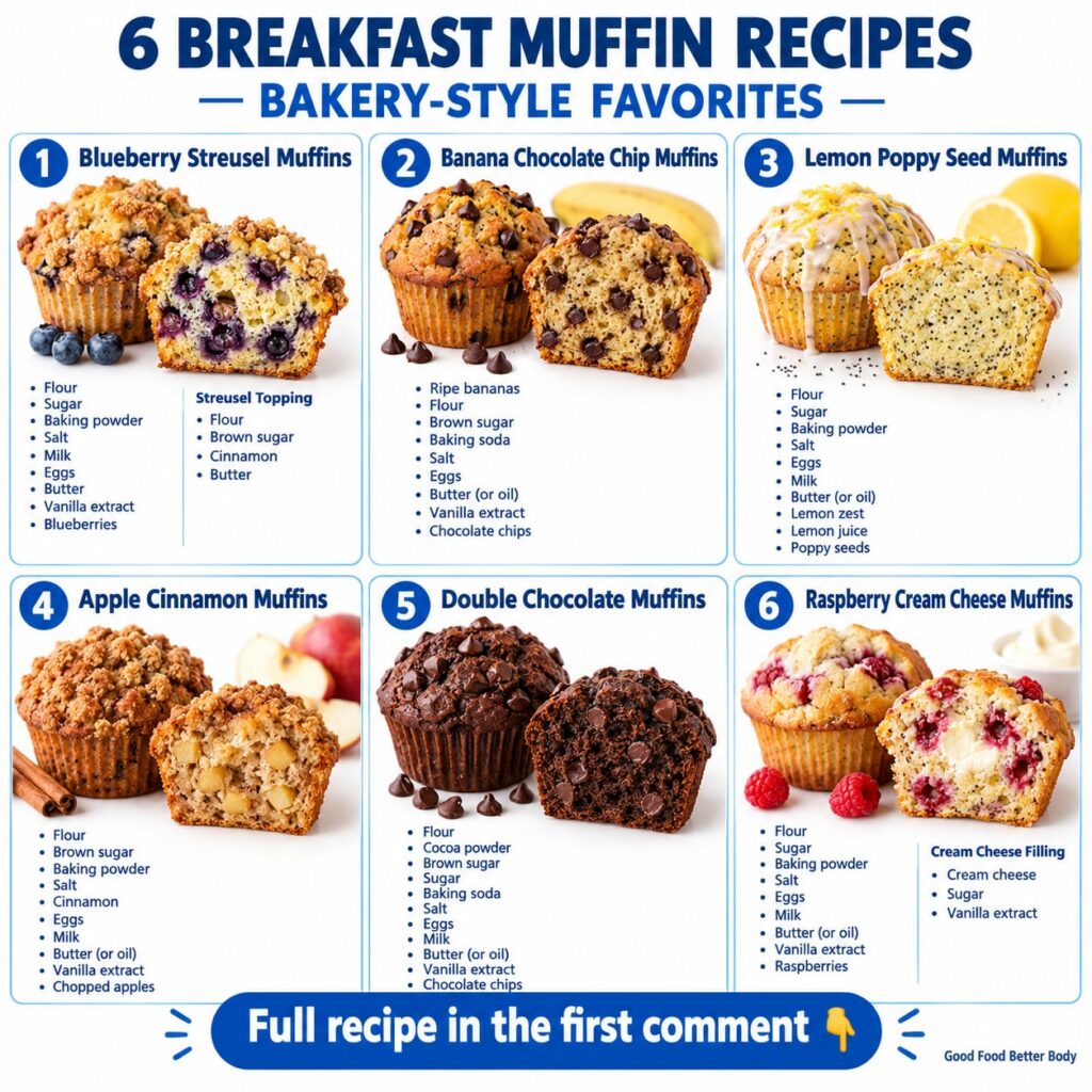 A close-up shot of several freshly baked blueberry muffins with golden tops and visible blueberries arranged on a rustic