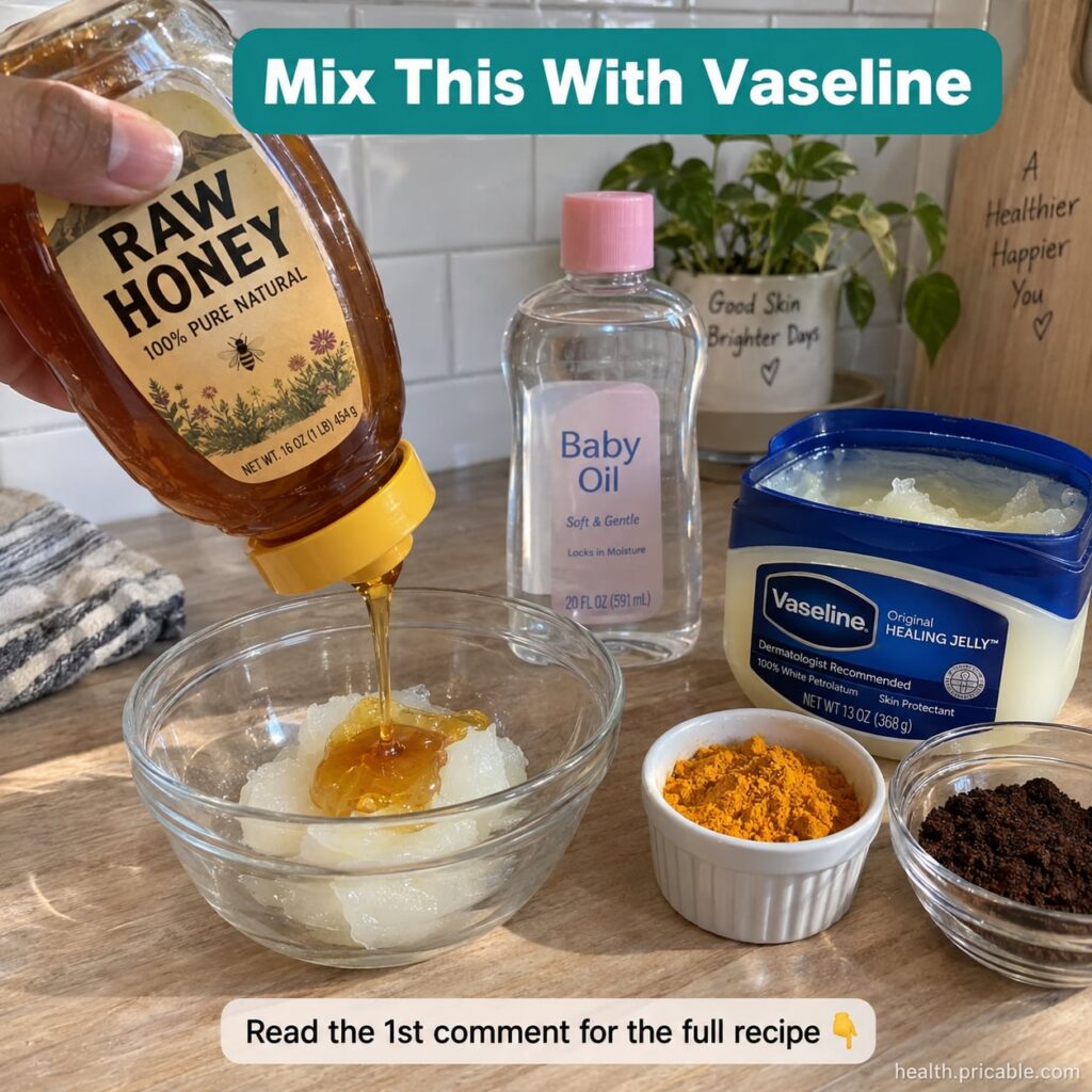 Ingredients for a hydrating face mask a jar of Vaseline a small bowl of honey a bottle of baby oil and small bowls of tu