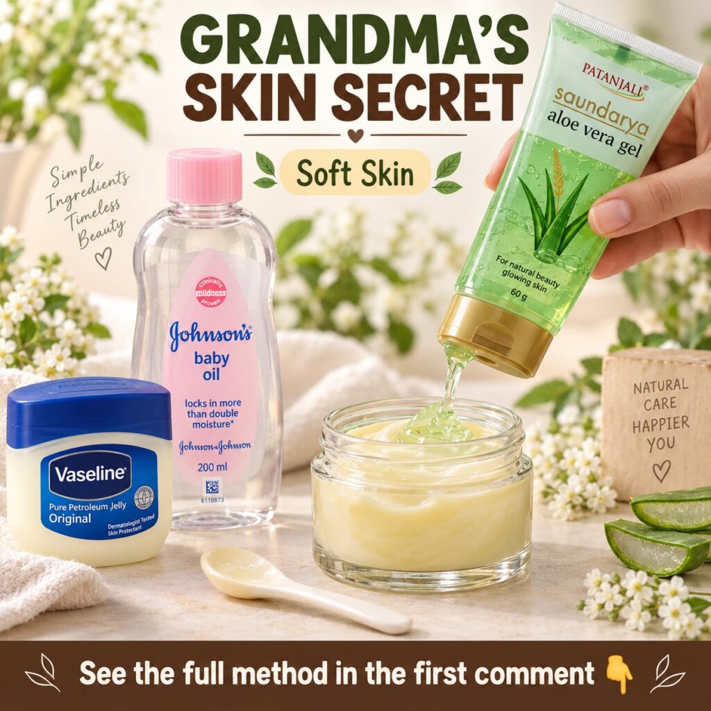 A jar of homemade skin repair cream on a clean light surface with some of the ingredients like Vaseline baby oil and an 