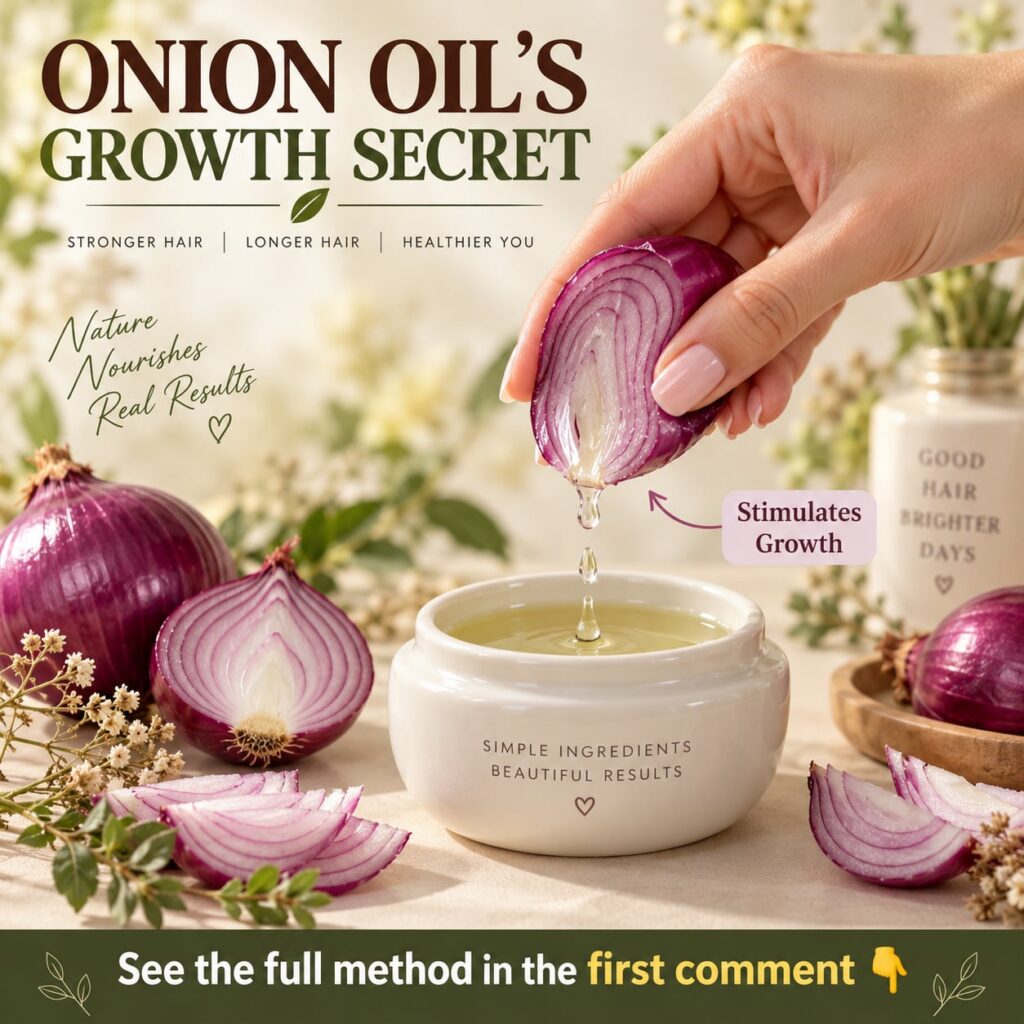 A close-up shot of an onion and a bottle of homemade onion oil with lush healthy hair in the background to symbolize gro