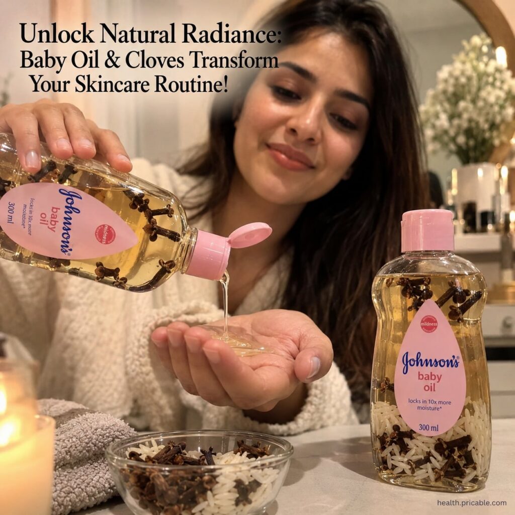 A flat lay of Johnson s Baby Oil bottle whole dried cloves and white rice grains suggesting ingredients for a DIY beauty