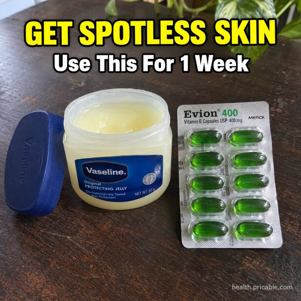 A small jar of Vaseline a container of aloe vera gel and a small bottle of Vitamin E oil arranged with a mixing spoon an