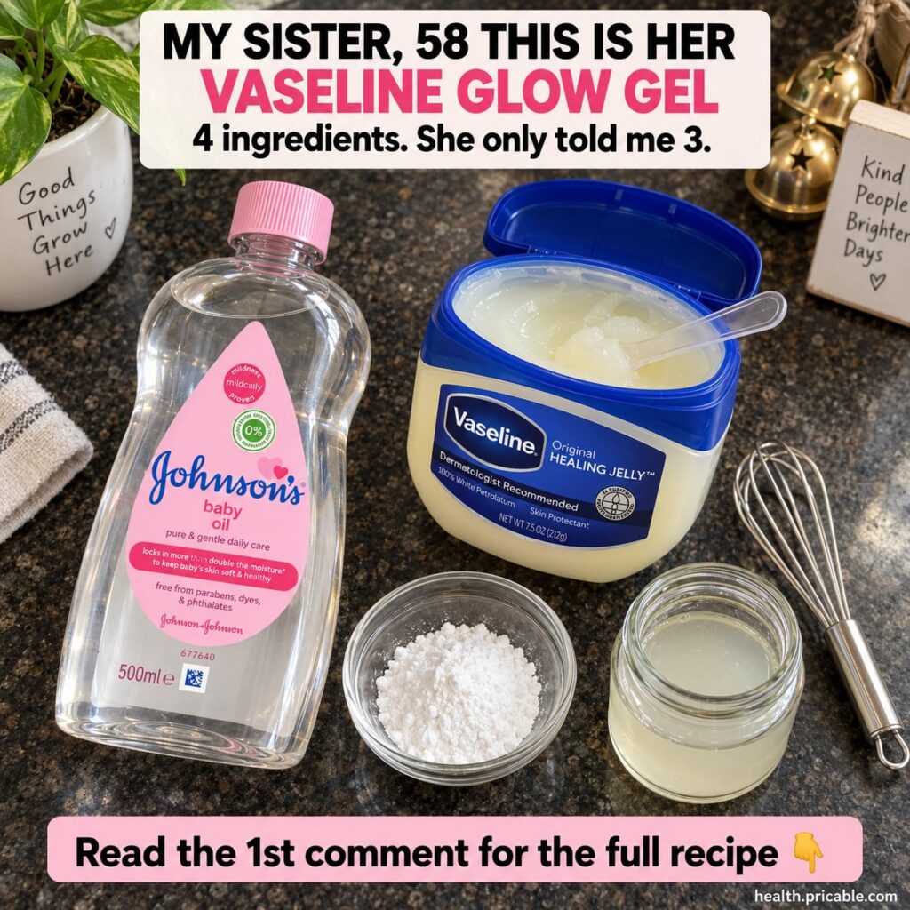 A small clear jar of homemade glow gel next to a tube of Vaseline and a fresh aloe leaf on a clean bright bathroom count