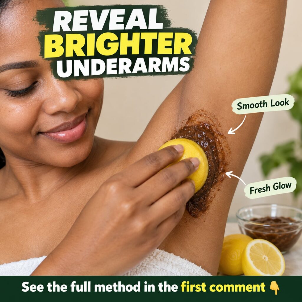 Close-up of a woman gently applying a homemade lemon and baking soda paste to her underarm with her fingers Her skin is 