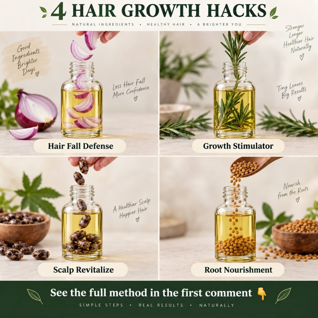 A close-up of a glass bottle of amber-colored onion hair oil surrounded by fresh red onions rosemary sprigs fenugreek se
