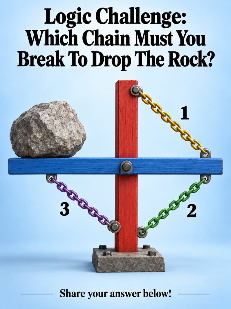 A visual puzzle depicting a large rock suspended by a lever mechanism with three numbered chains 1 2 3 attached to diffe