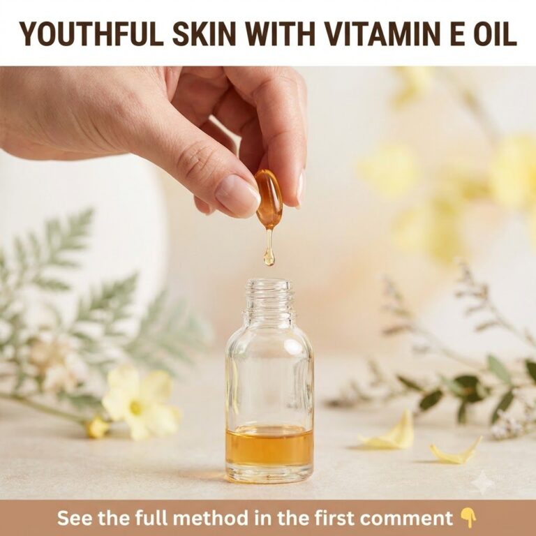 A small dropper bottle of Vitamin E oil placed next to fresh green leaves or natural elements conveying natural beauty a