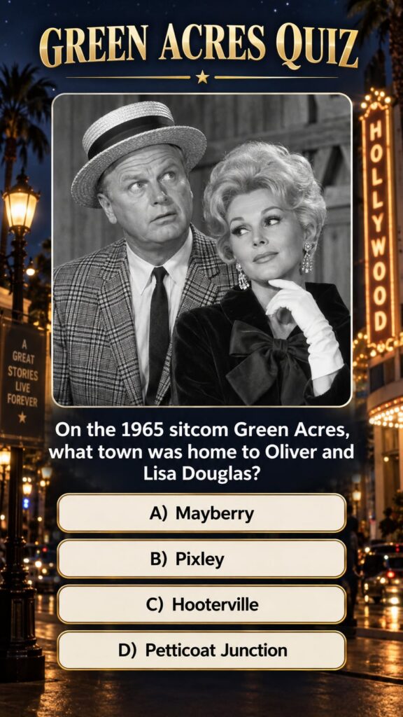A still from the classic 1960s sitcom Green Acres showing Oliver and Lisa Douglas perhaps in their farm attire looking b
