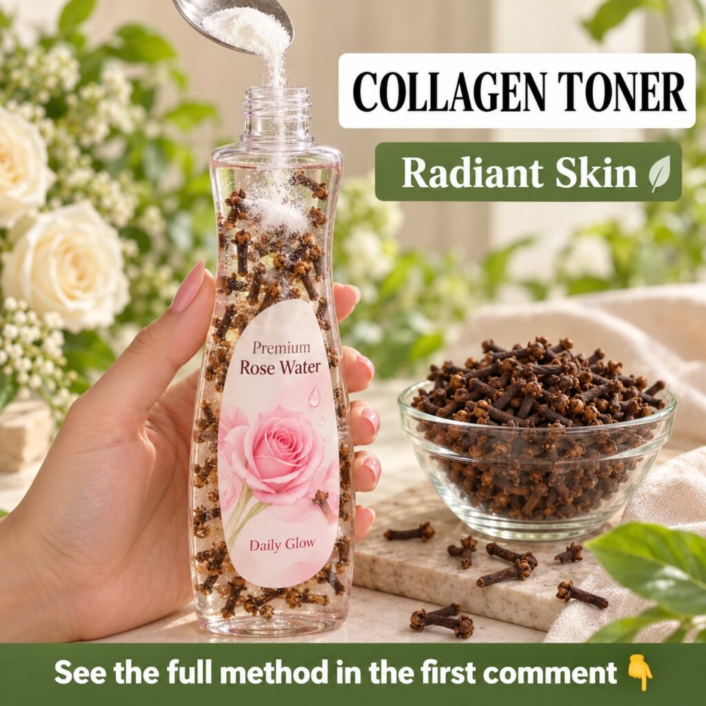 A beautiful arrangement of dried cloves in a small bowl next to a bottle of homemade toner with a background of glowing