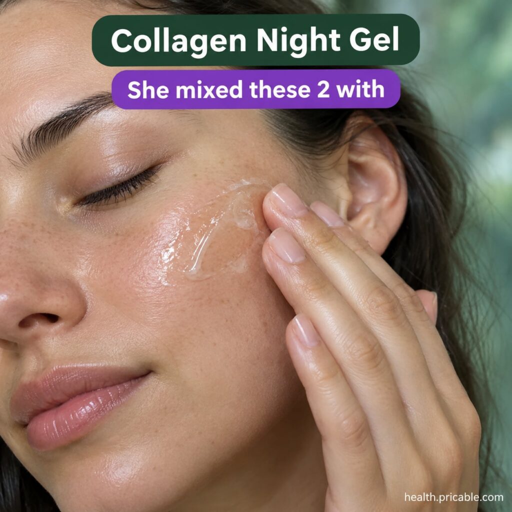A woman applying a clear homemade gel to her face before bed with a gentle glowing expression