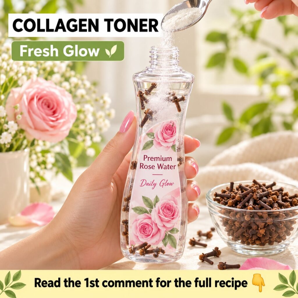 A hand holding a clear bottle of Premium Rose Water Daily Glow with liquid and cloves as fine white powder is poured int