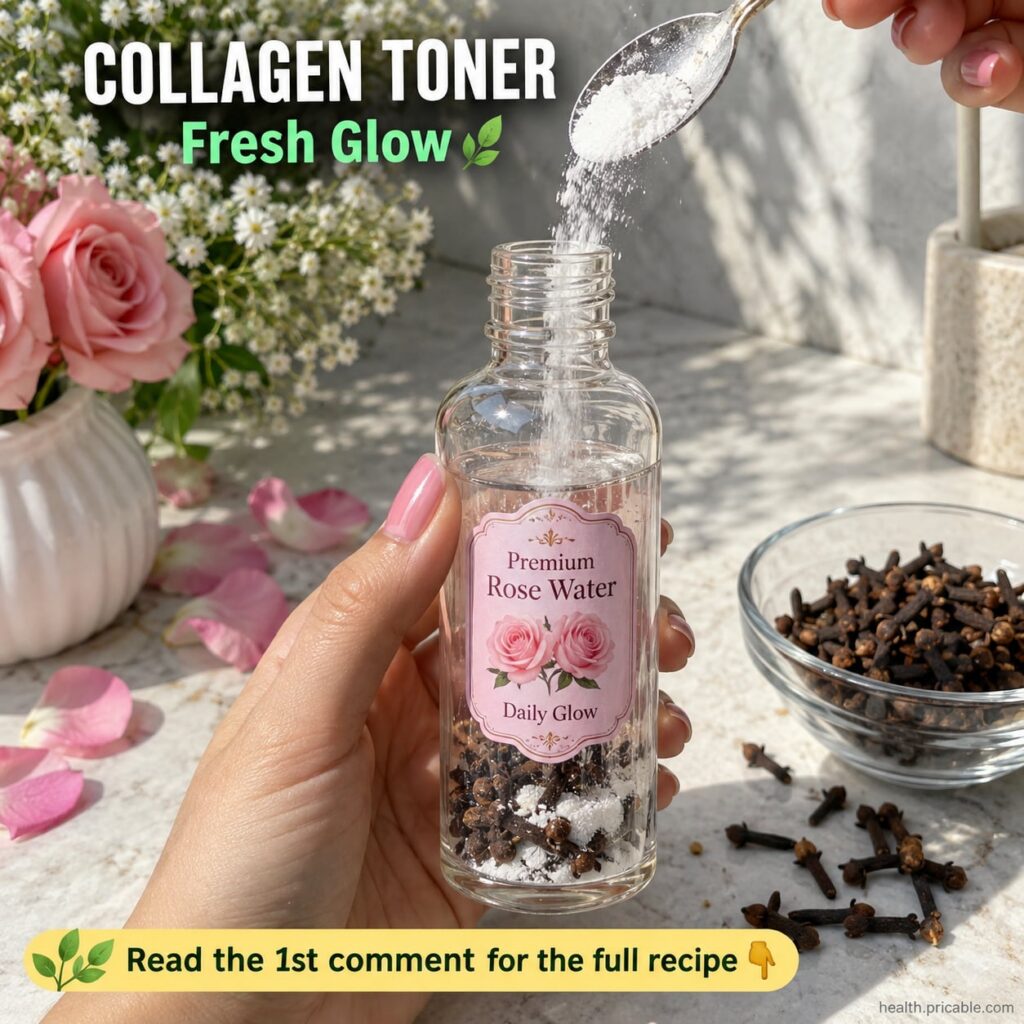 A close-up of a glass spray bottle filled with a light pink liquid labeled Clove and Rose Water Toner with fresh rose pe