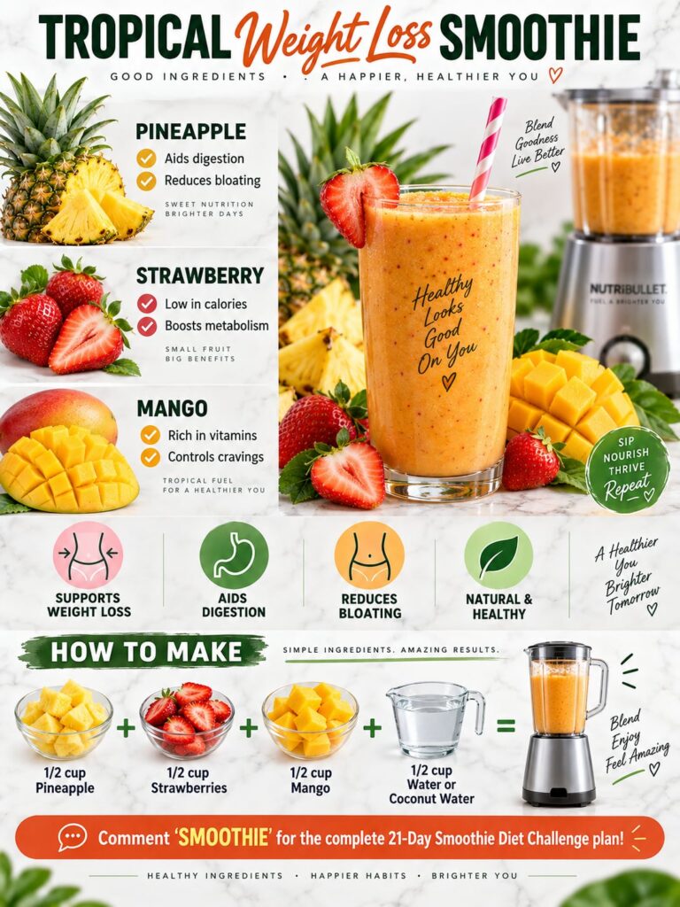 A vibrant colorful tropical weight loss smoothie in a glass with pineapple strawberry and mango slices arranged around i