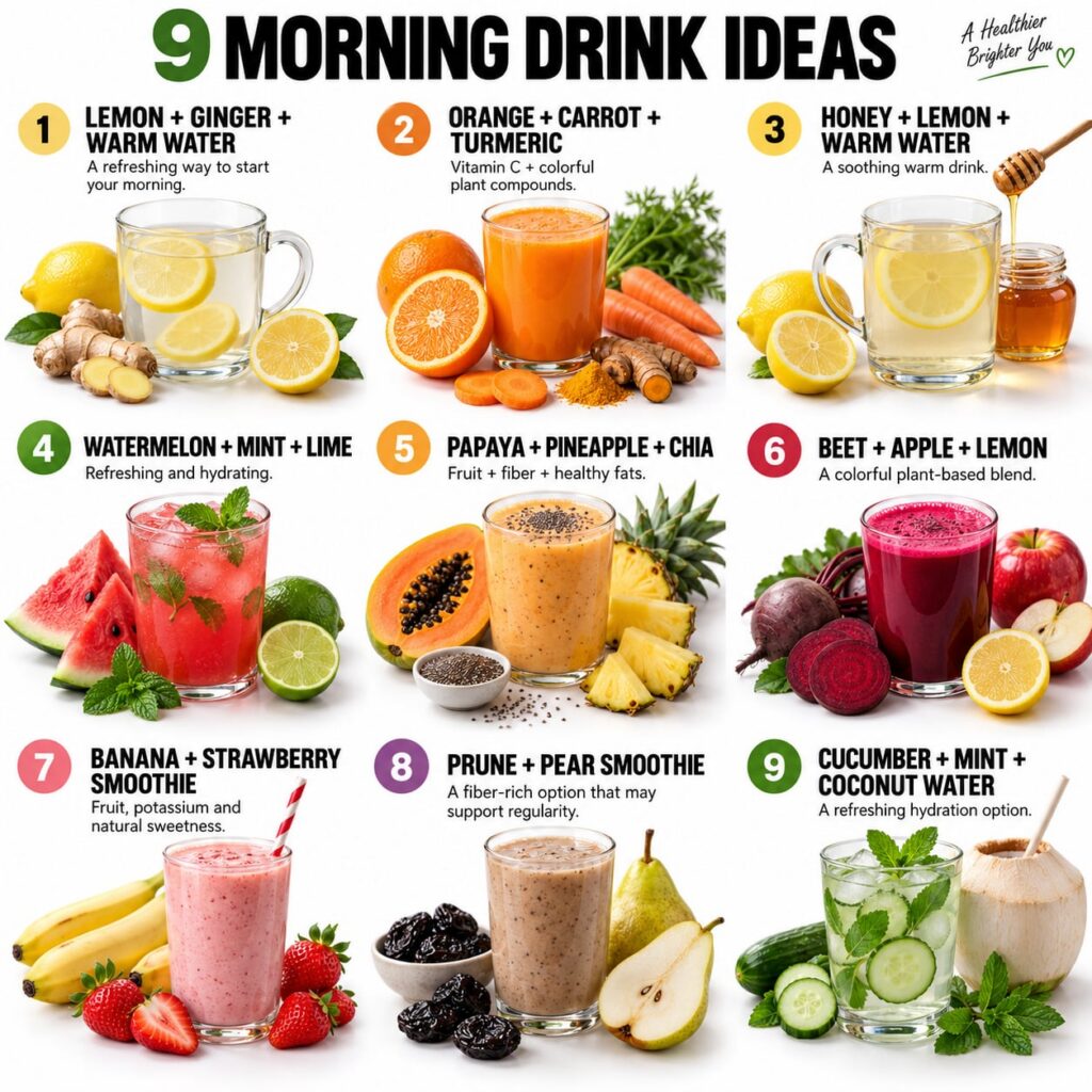 A variety of colorful fruits vegetables and herbs laid out on a clean surface with a glass of a healthy drink like a smo