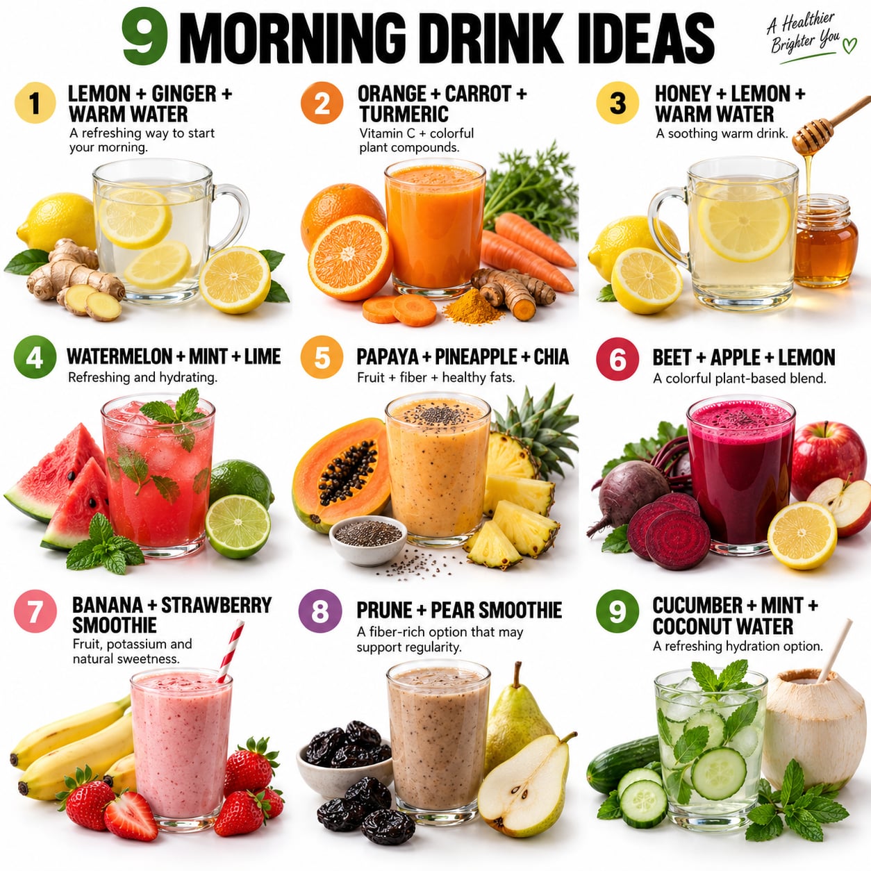 A 3x3 grid showing nine different vibrant morning drinks each with fresh ingredients like lemons cucumbers watermelon be