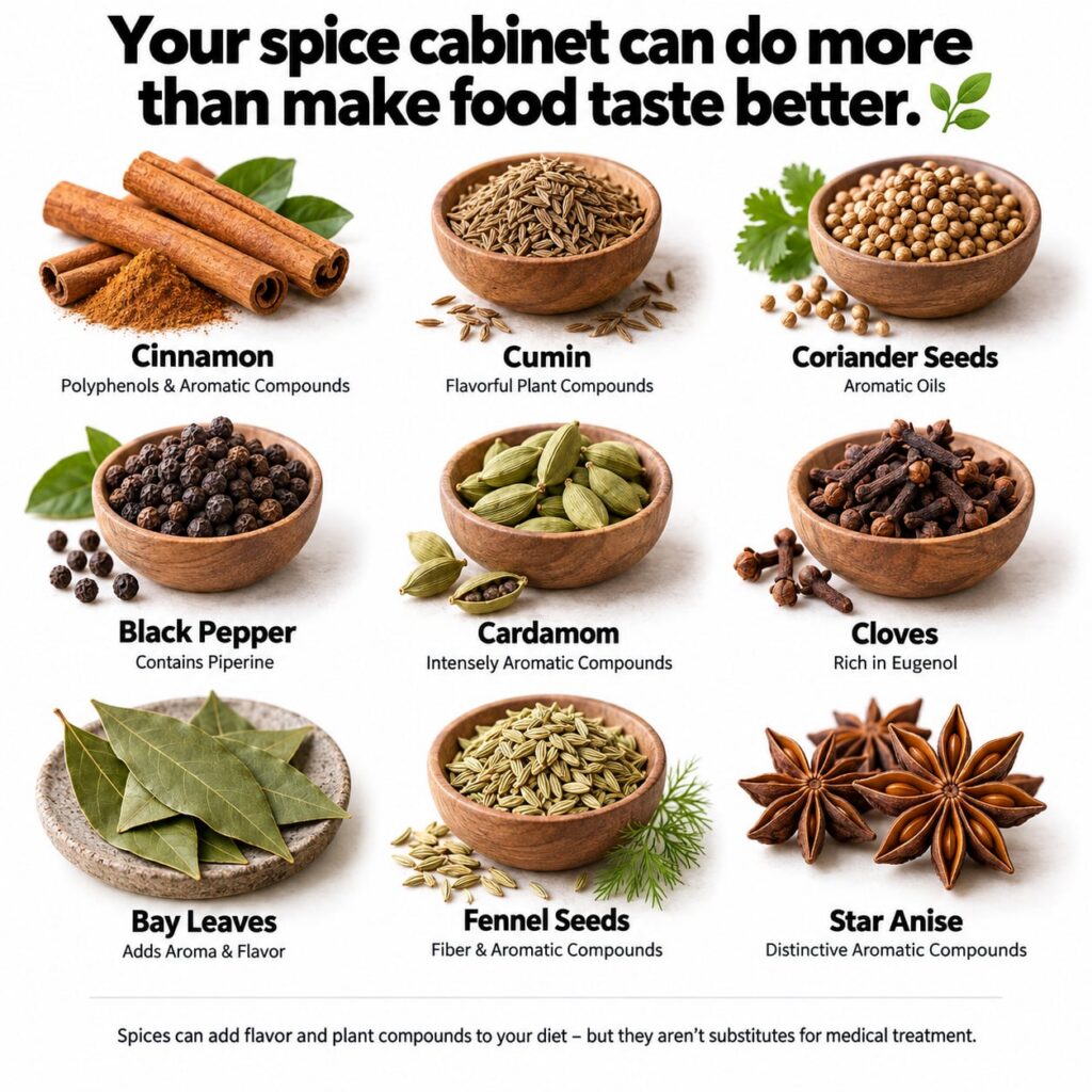 A vibrant and organized spice cabinet or a flat lay of various whole spices like cinnamon sticks star anise cloves cumin