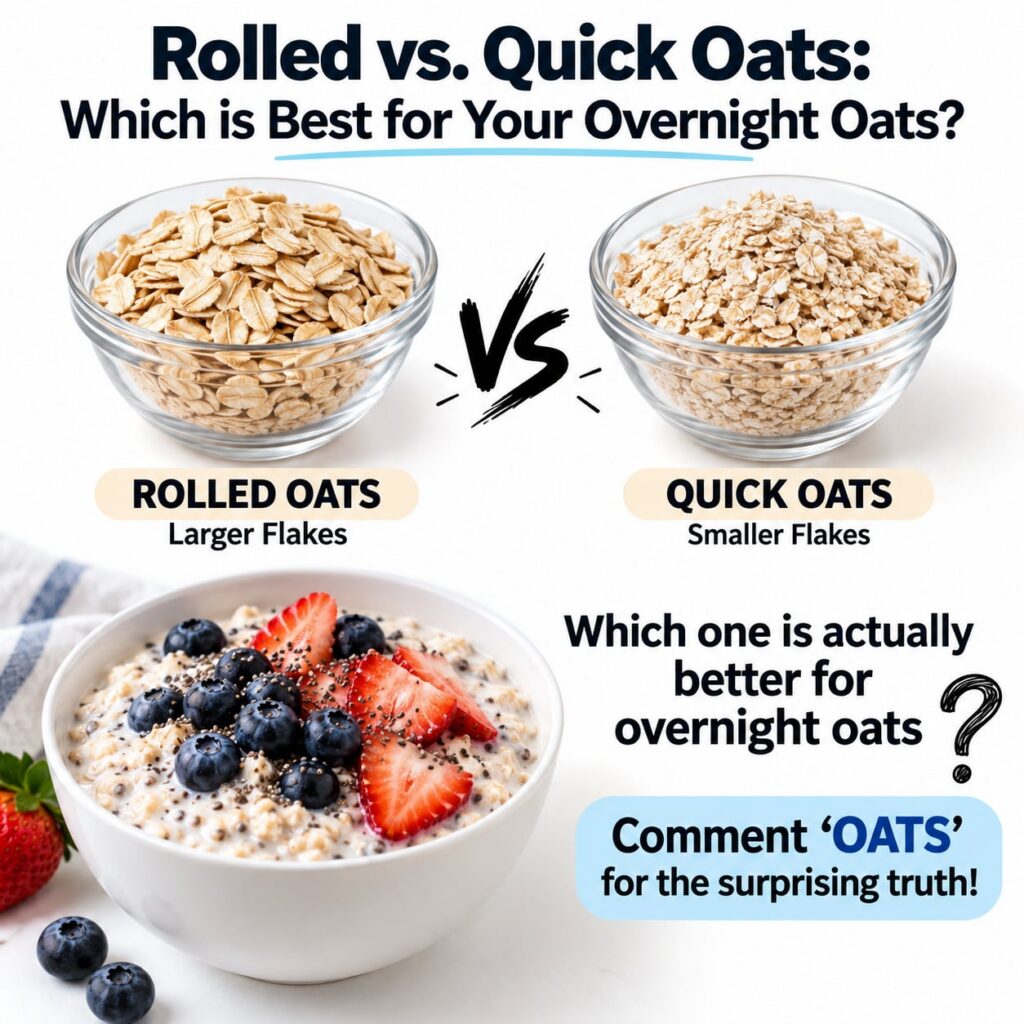 A side-by-side comparison of uncooked rolled oats and quick oats in separate clear bowls with one bowl showing a spoon r