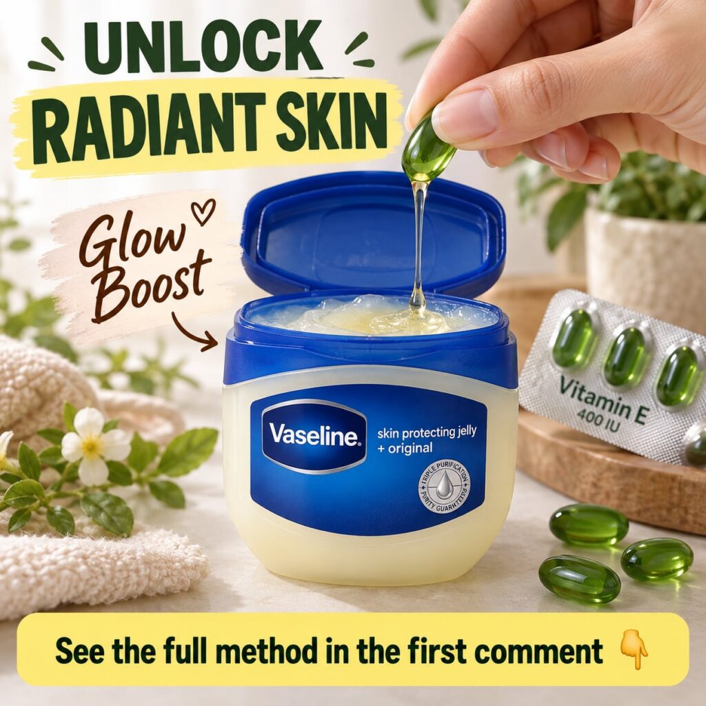 A woman with glowing healthy skin looking refreshed and happy Nearby a small jar of Vaseline and a Vitamin E capsule are