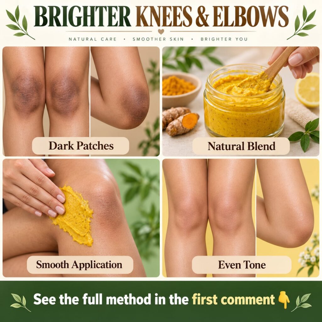 A close-up of a person s elbow or knee with visibly dark skin patches next to a small bowl of a DIY paste and some natur
