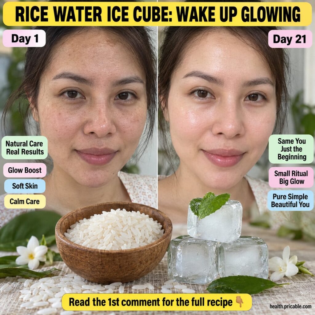 A woman gently rubbing a rice water ice cube on her cheek with a soft radiant glow on her skin