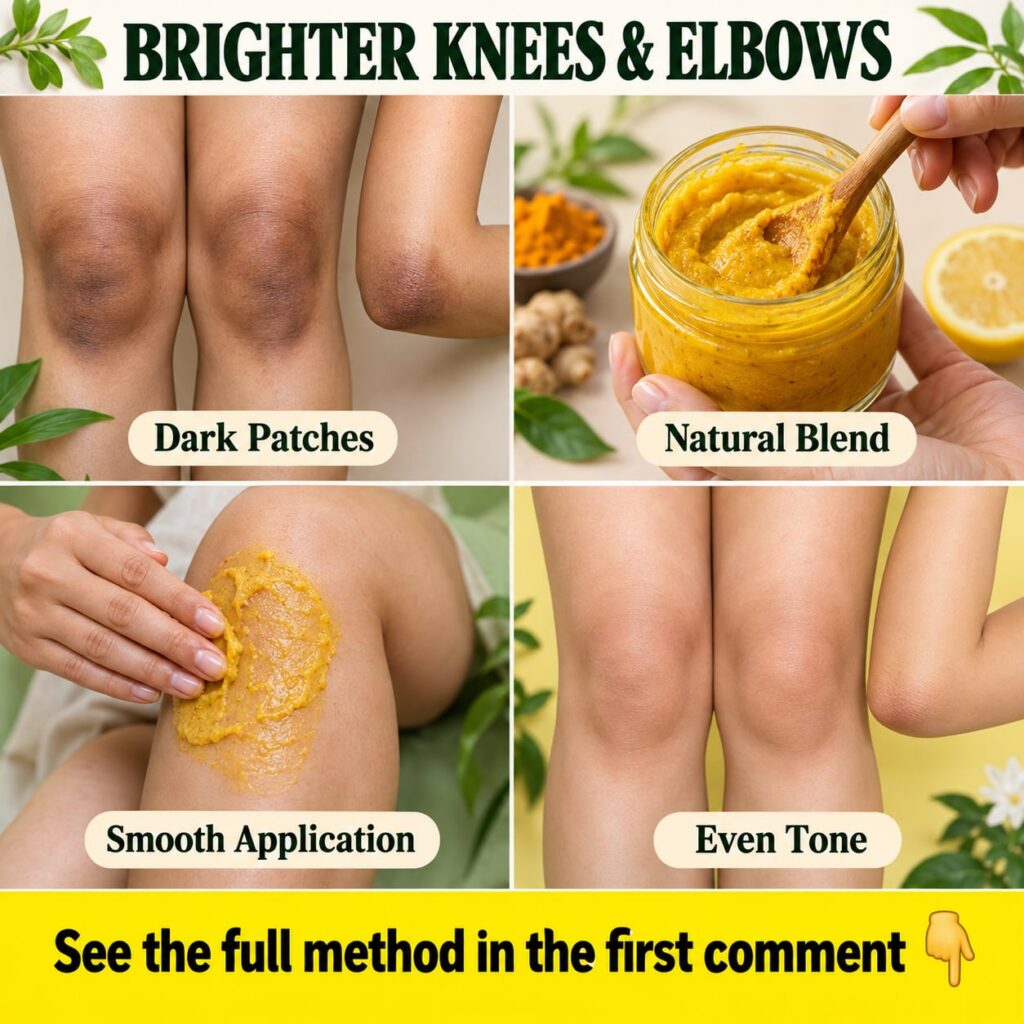 A person gently rubbing a homemade scrub onto their elbow or knee with a small bowl of the scrub and natural ingredients