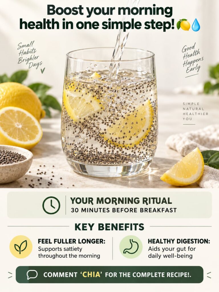 A glass of chia seed water with lemon slices placed on a light wooden table next to a bowl of chia seeds and a fresh lem