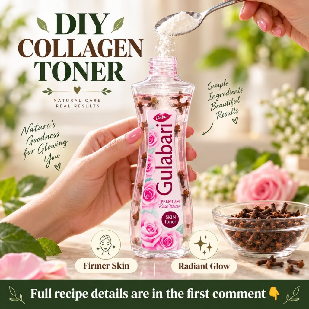 A close-up of a spray bottle containing the homemade herbal collagen toner with rose petals and cloves subtly visible ag