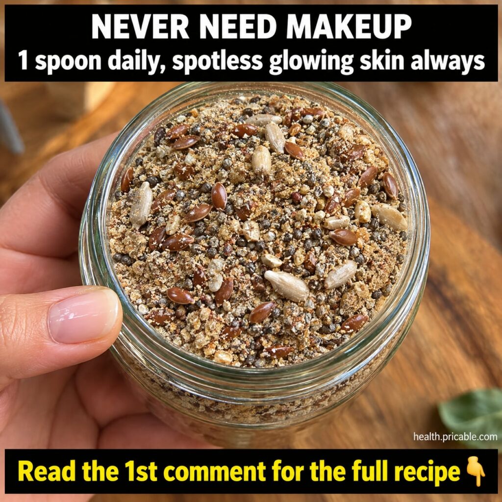 A single spoon filled with a bright finely ground beauty powder with a blurred background showing a woman with radiant c