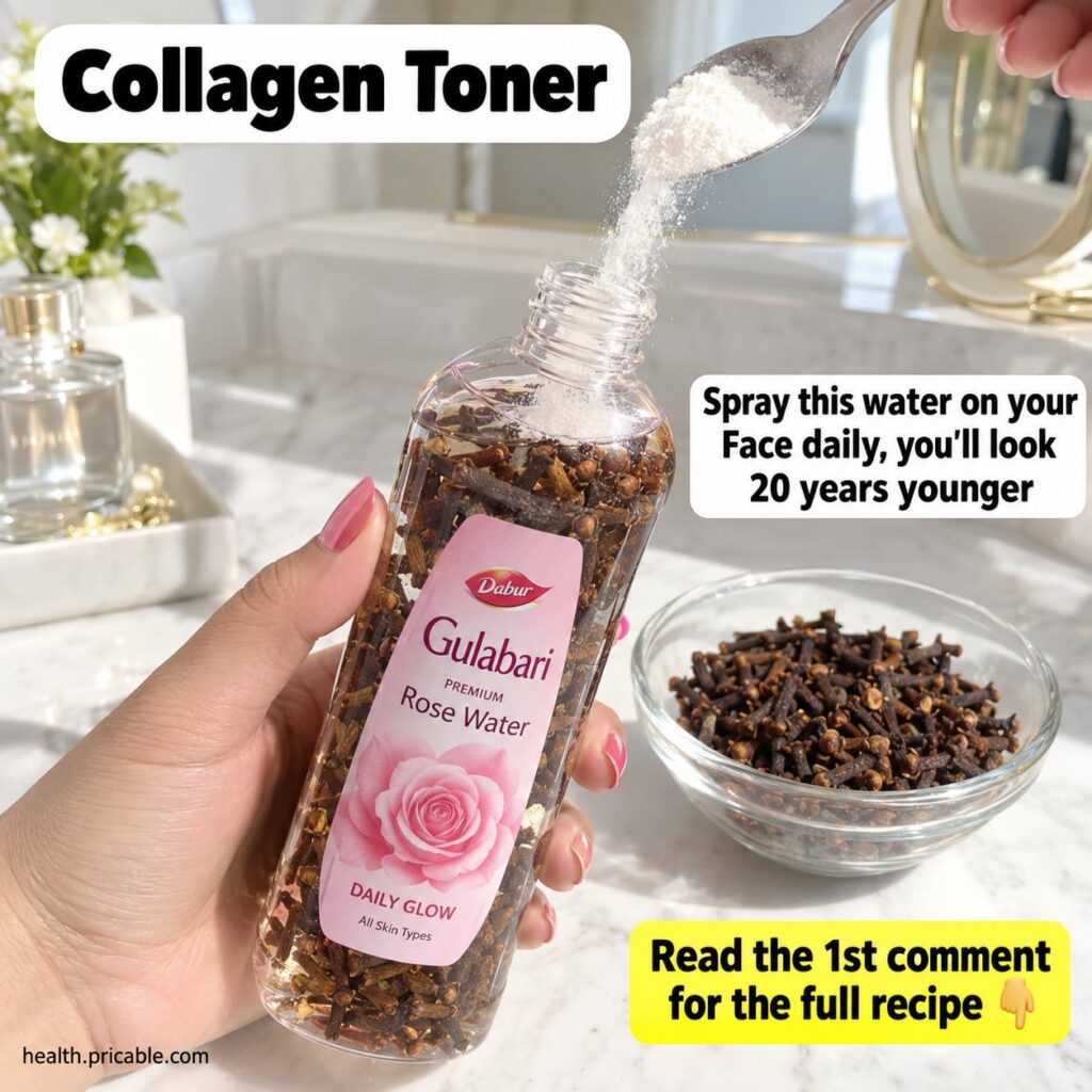 A hand holding a small spray bottle of amber-colored liquid with cloves and rose petals suggesting a DIY toner