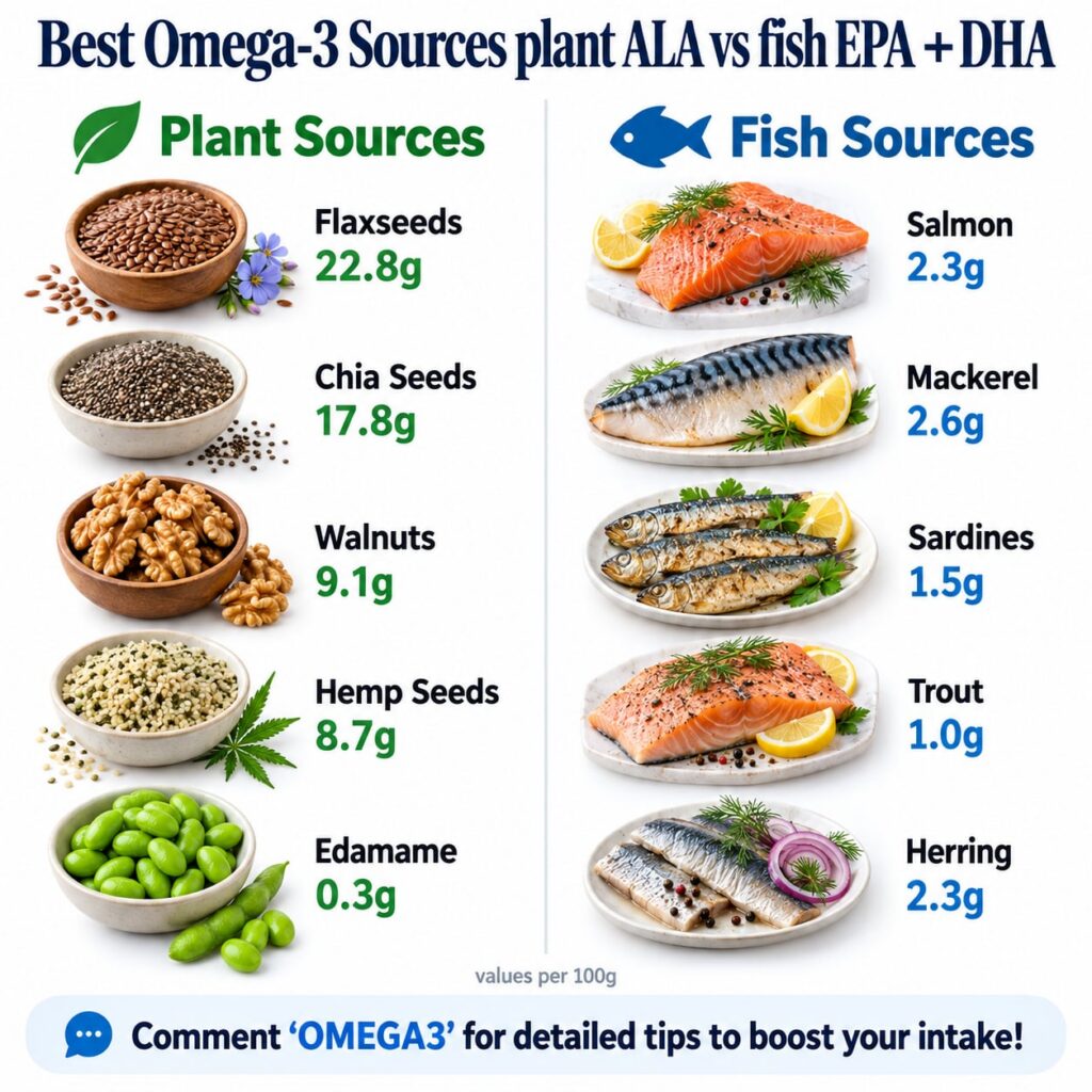 A vibrant assortment of plant-based omega-3 sources including flaxseeds chia seeds and walnuts arranged artfully on a wo
