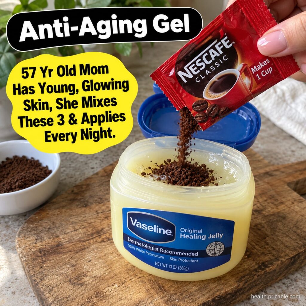 A clear glass jar of Vaseline petroleum jelly and a small bowl of ground coffee beans with a mixing spoon ready to be co