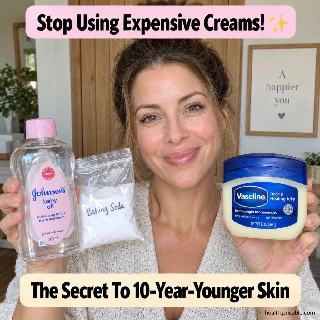 Three small containers or jars on a wooden surface one with Vaseline one with Johnson s Baby Oil and one with baking sod