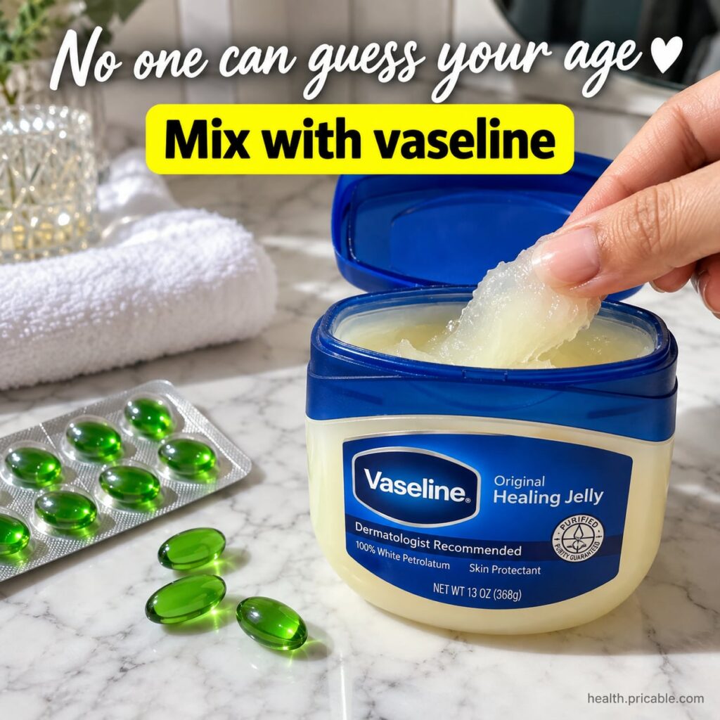 A jar of Vaseline next to a small bottle of vitamin E oil with a small mixing bowl and spatula on a clean light surface 