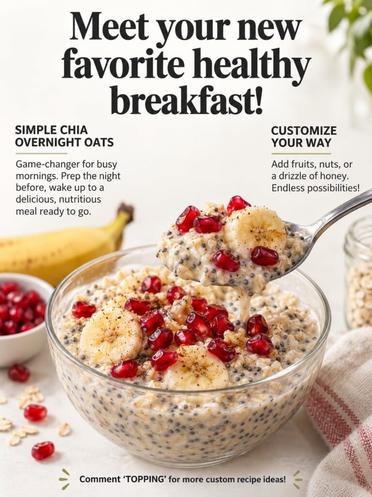 A clear jar filled with simple chia overnight oats topped with fresh berries like blueberries and raspberries and a spri