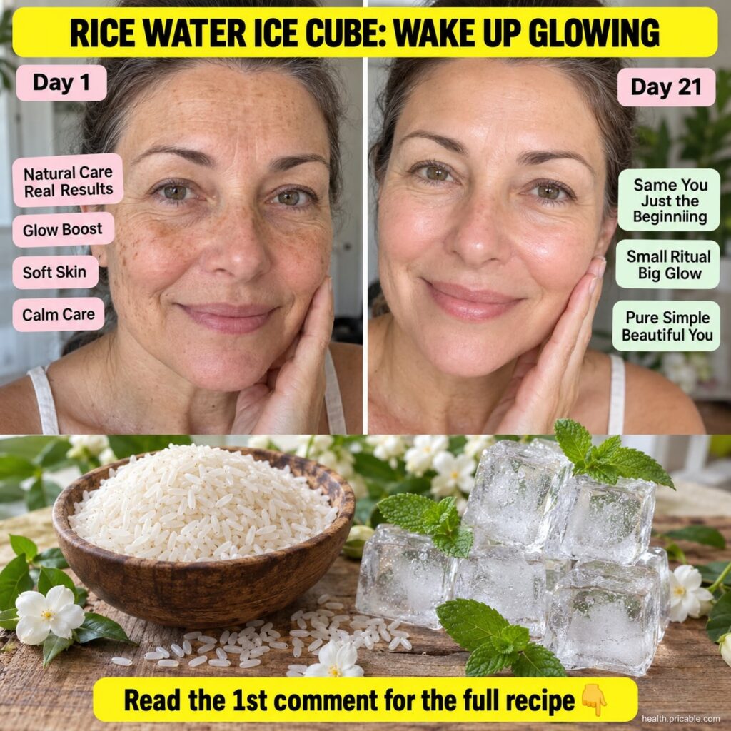 A 45-year-old woman smiling with clear glowing skin holding a rice water ice cube to her cheek