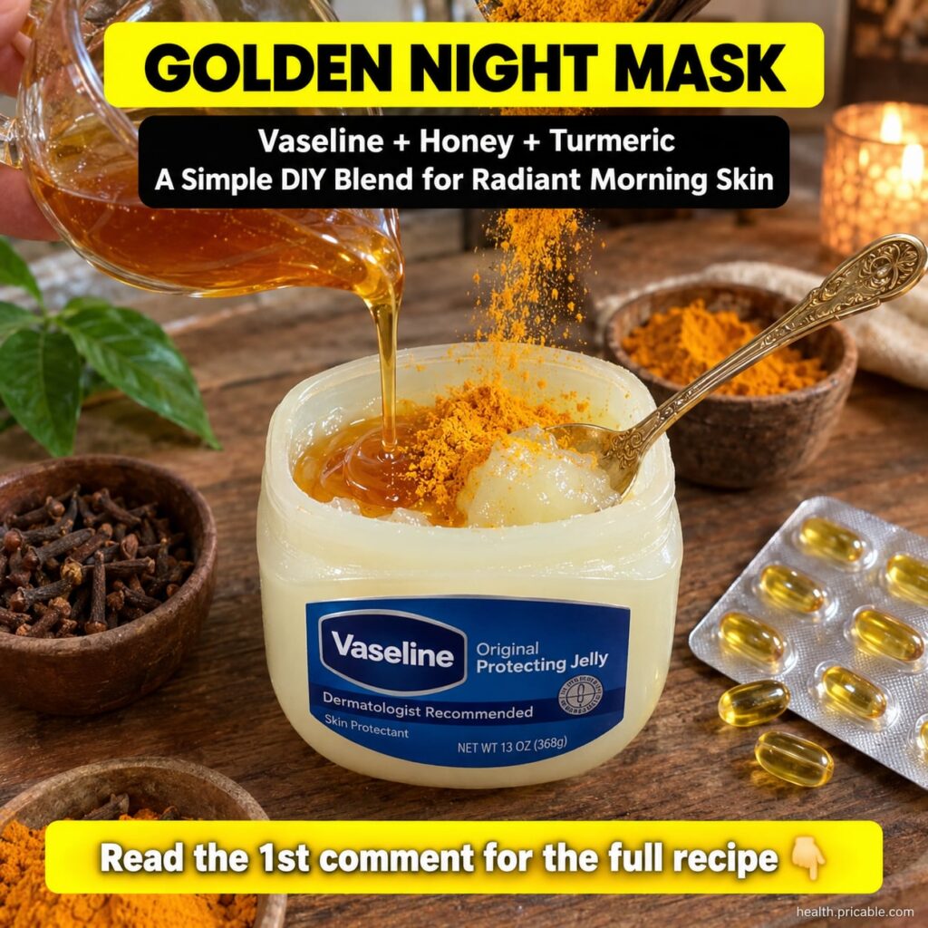 A small bowl with a golden-yellow mask mixture next to a jar of Vaseline a jar of honey and a small pile of turmeric pow