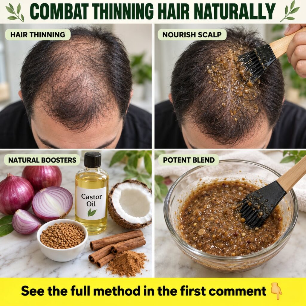 Ingredients for a natural hair growth scalp treatment including a sliced red onion a bottle of castor oil and fenugreek 