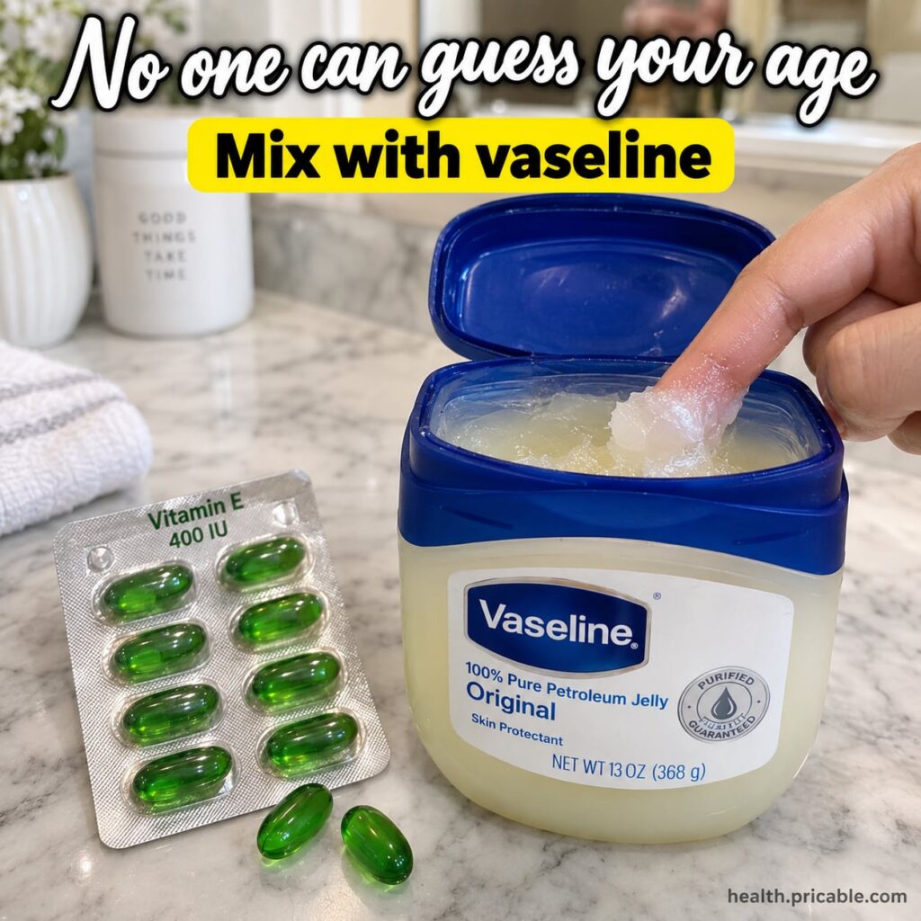 A jar of Vaseline next to several Vitamin E capsules on a clean light surface suggesting simple beauty ingredients
