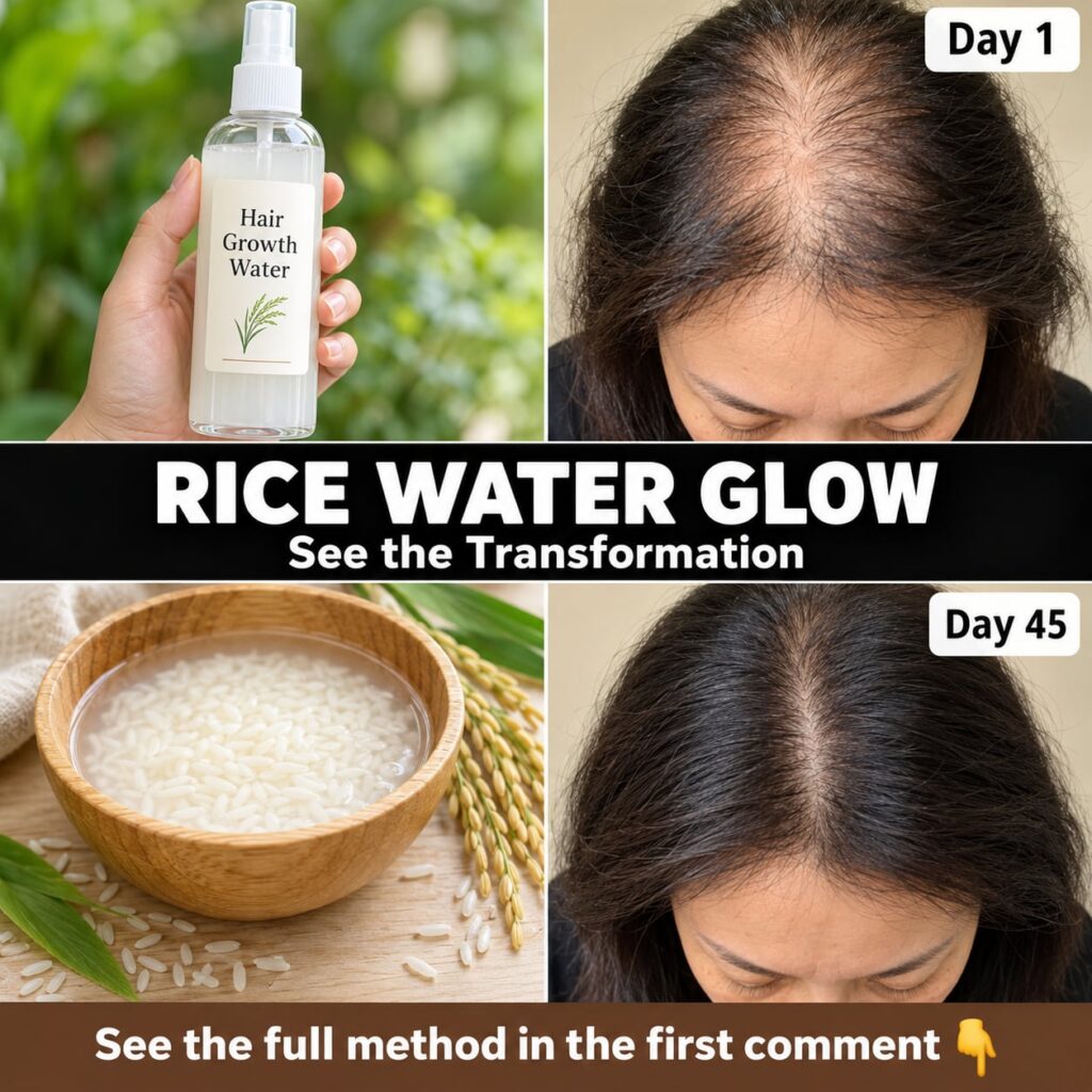 A woman holding a bowl of rice water with long shiny hair in the background looking healthy and vibrant The setting is b