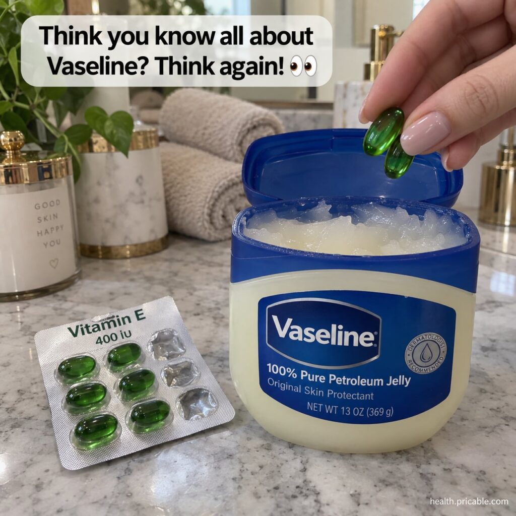 A small jar of petroleum jelly Vaseline next to a few golden Vitamin E capsules with one capsule pierced and a drop of o