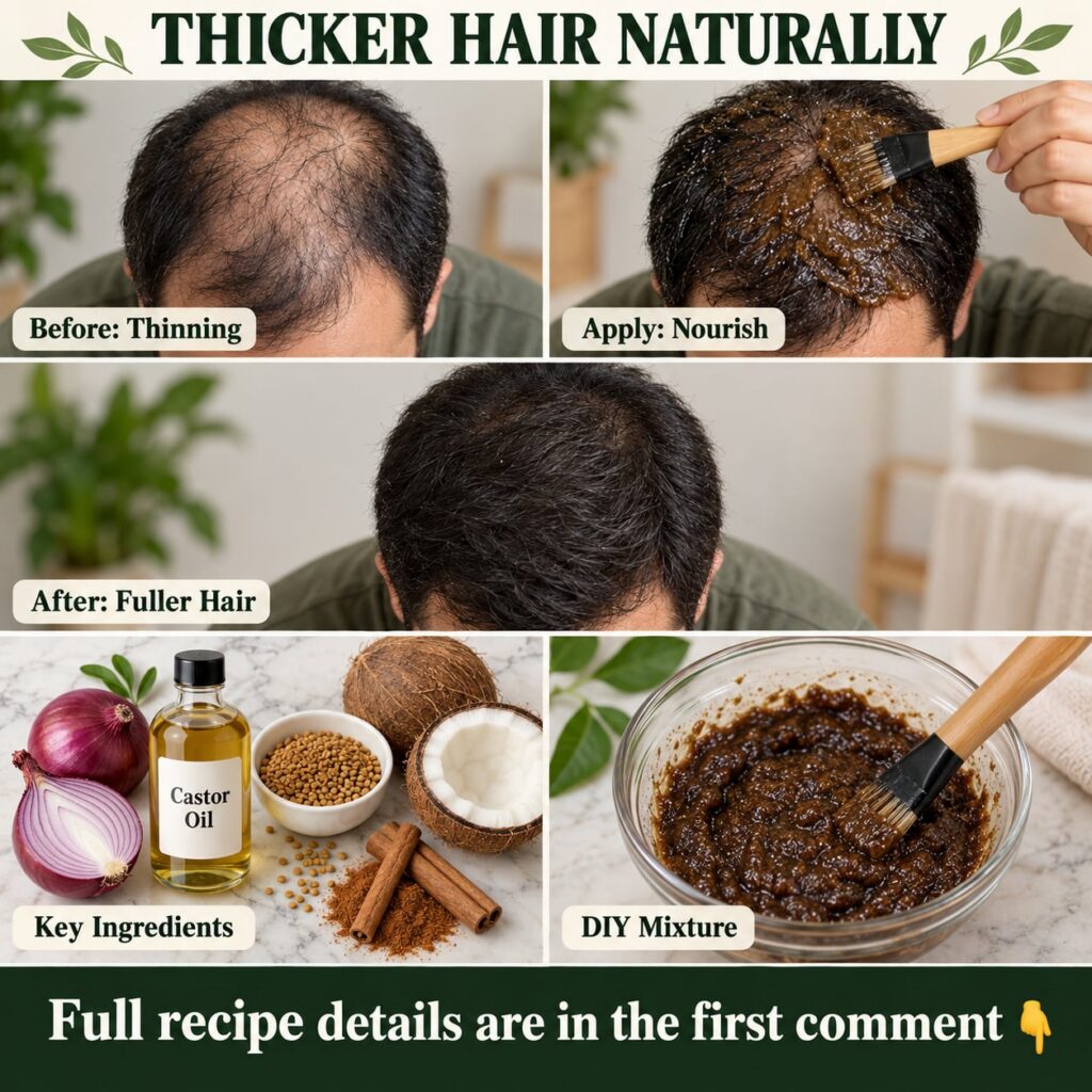 A bowl with a natural hair care mix containing blended onion castor oil and fenugreek surrounded by the raw ingredients