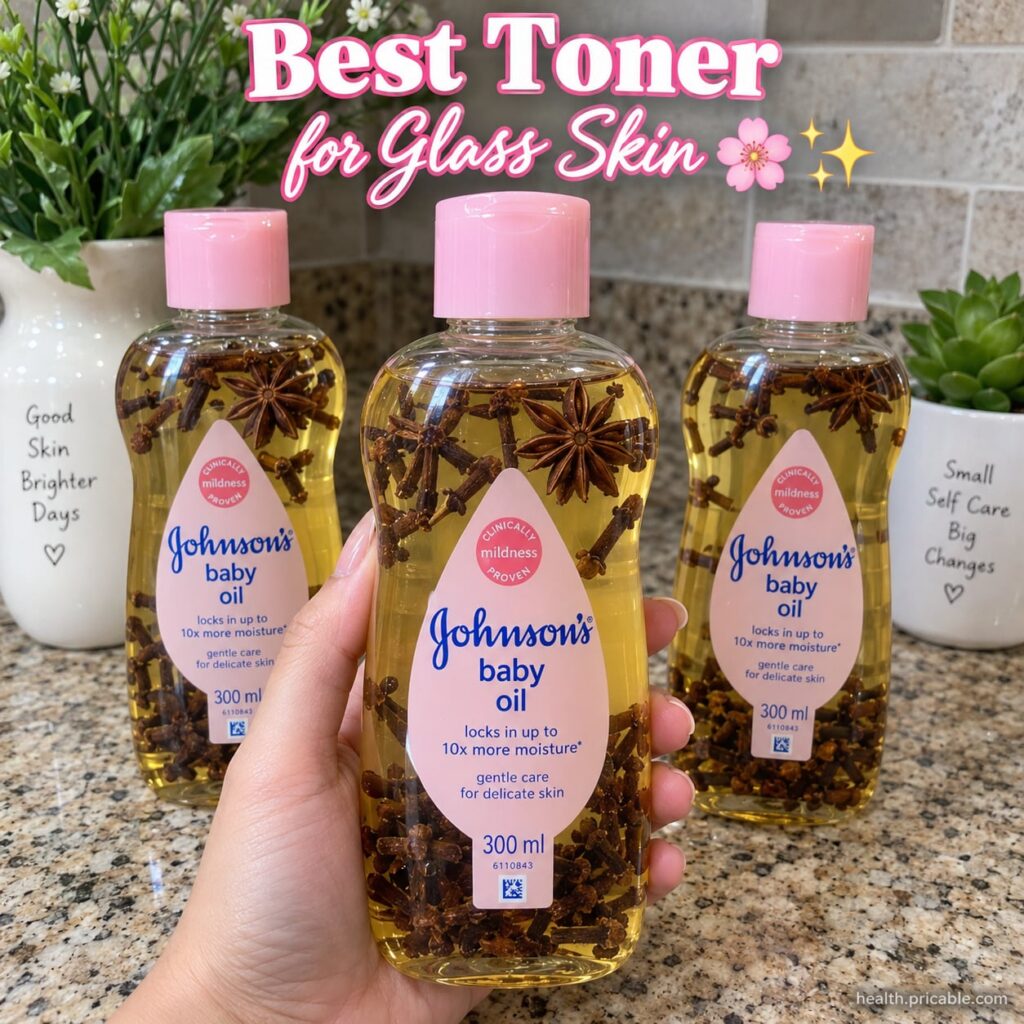 A clear glass bottle of homemade toner next to a small bowl of whole cloves and star anise pods